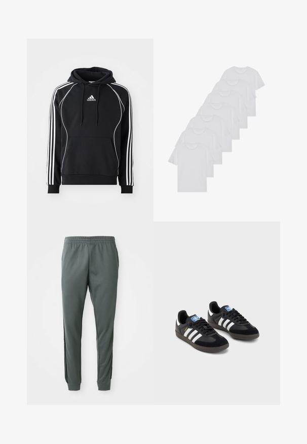 Črna Adidas kapuca z belimi črtami na rokavih, belim pasom spredaj, sprednjim žepom v obliki kenguruja in kapuco z vrvico.; Beli bombažni T-majici, kratki rokavi, krožni izrez, enostavna tekstura, zloženi v vrsto, s subtilnim logotipom na vratu.; Sive hlače za jogging z elastičnim pasom, ožjimi hlačnicami in črnimi stranskimi pasovi, narejene iz gladkega, raztegljivega materiala.; Črne športne copate z zgornjim delom iz semiša in sintetičnih materialov, ki imajo tri bele črte, teksturiran gumijast podplat in modro označevalno oznako na jeziku.