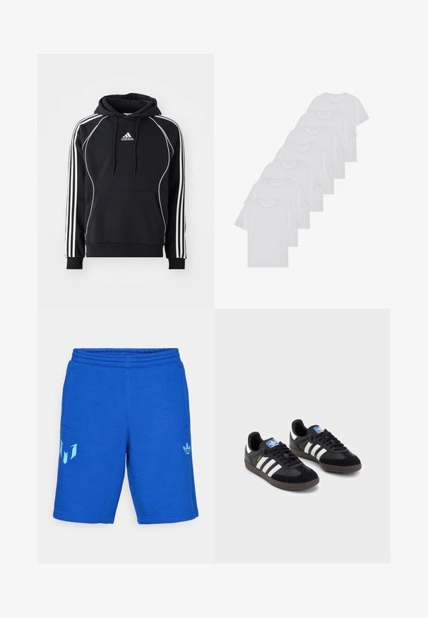 Cachecol preto da Adidas com riscas brancas nas mangas, um acabamento branco na frente, um bolso canguru frontal e capuz com cordão.; T-shirts brancos de algodão, mangas curtas, design de gola redonda, com textura lisa, empilhados em fila, com uma marcação subtil na gola.; Calções desportivos de algodão azuis com cintura elástica, dois bolsos laterais e detalhes em azul claro no lado esquerdo da perna e na cintura.; Sneakers pretos com parte superior em camurça e sintético, apresentando três riscas brancas, sola de borracha texturizada e etiqueta azul no linguete.