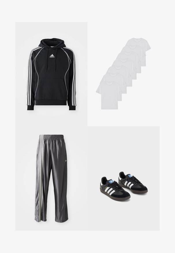 Melnā Adidas kapuce ar baltām svītrām uz piedurknēm, baltu apdari priekšpusē, priekšējo kangaroo kabatu un regulējamu kapuci.; Baltie kokvilnas T-krekli, īsas piedurknes, apaļas izgriezuma dizains, vienkārša tekstūra, sakrauti rindā, ar smalku zīmolu pie kakla izgriezuma.; Pelēkas sporta bikses, kas izgatavotas no gludas materiāla, ar trim baltām svītrām pa sāniem un izšūtu logo priekšpusē.; Melnas sporta apavas ar zamšādas un sintētisku augšdaļu, ar trim baltām svītrām, teksturētu gumijas zoli un zilu logo birku uz mēles.