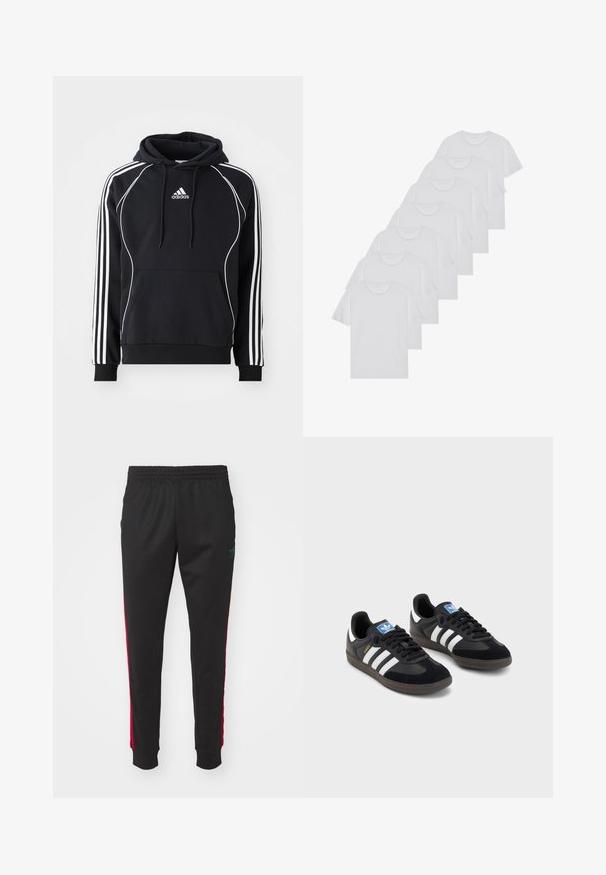 Črna Adidas kapuca z belimi črtami na rokavih, belim pasom spredaj, sprednjim žepom v obliki kenguruja in kapuco z vrvico.; Beli bombažni T-majici, kratki rokavi, krožni izrez, enostavna tekstura, zloženi v vrsto, s subtilnim logotipom na vratu.; Črne športne hlače z vrvico v pasu, z rdečimi stranskimi črtami in zelenim logotipom. Noge se proti gležnjem zožijo z elastičnimi manšetami.; Črne športne copate z zgornjim delom iz semiša in sintetičnih materialov, ki imajo tri bele črte, teksturiran gumijast podplat in modro označevalno oznako na jeziku.
