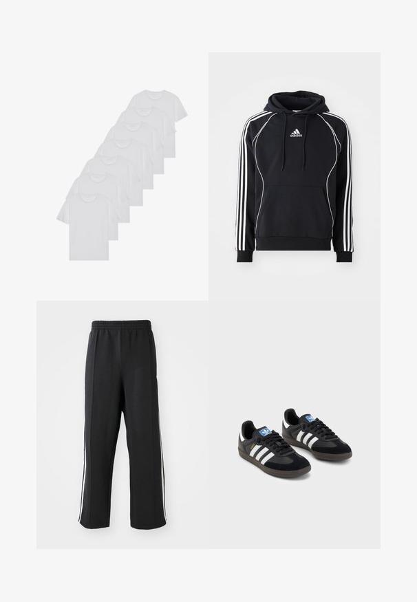Crna Adidas dukserica s bijelim prugama na rukavima, bijelim obodom sprijeda, prednjim kengurulom džepom i kapuljačom s utezima.; Bijele pamučne majice, kratki rukavi, dizajn s okruglim izrezom, jednostavne teksture, složene u red, s suptilnim brendiranjem na izrezu.; Crne trenirke s elastičnim pojasom, s bijelim bočnim prugama i opuštenim krojem. Izrađene od mekog, rastezljivog materijala.; Crne tenisice s gornjim dijelom od antilopa i sintetičkog materijala, s tri bijele pruge, teksturiranom gumenom potplatom i plavom oznakom na jeziku.