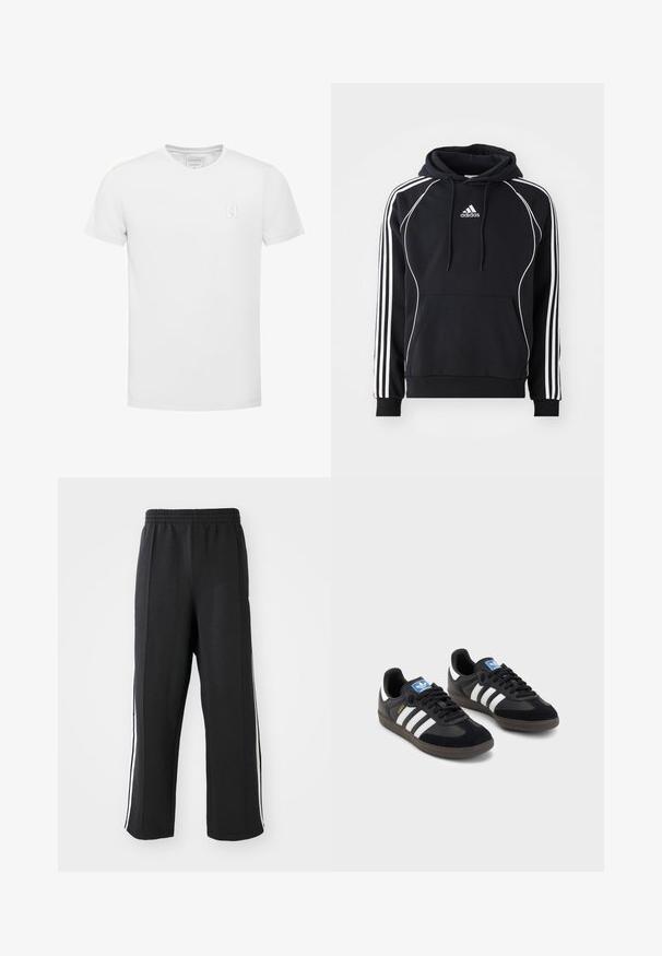 Črna Adidas kapuca z belimi črtami na rokavih, belim pasom spredaj, sprednjim žepom v obliki kenguruja in kapuco z vrvico.; Bela bombažna majica s kratkimi rokavi in V-izrezom. Ima majhno oznako na levem prsnem delu. Gladka tekstura, preprost dizajn.; Črne trenirke z elastičnim pasom, z belimi stranskimi črtami in sproščenim krojem. Narejene iz mehke, raztegljive tkanine.; Črne športne copate z zgornjim delom iz semiša in sintetičnih materialov, ki imajo tri bele črte, teksturiran gumijast podplat in modro označevalno oznako na jeziku.