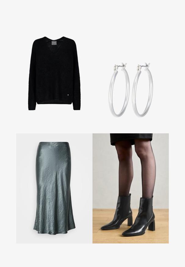 Černý pletený svetr s výstřihem do V a dlouhými rukávy. Má uvolněný střih a malý kovový logotyp na spodní levé straně.; Metalická tyrkysová midi sukně s mačkanou texturou, má rozšířený tvar a hladký povrch. Bez viditelných zapínání nebo ozdob.; Černé kožené kotníkové boty s špičatou špičkou, robustním čtvercovým podpatkem a elegantním designem. Obsahují elastické boční panely pro snadné obouvání.; Stříbrné kruhové náušnice s hladkým, lesklým povrchem. Kulatý tvar a bezpečné zapínání na klip. Lehký design vhodný pro každodenní nošení.