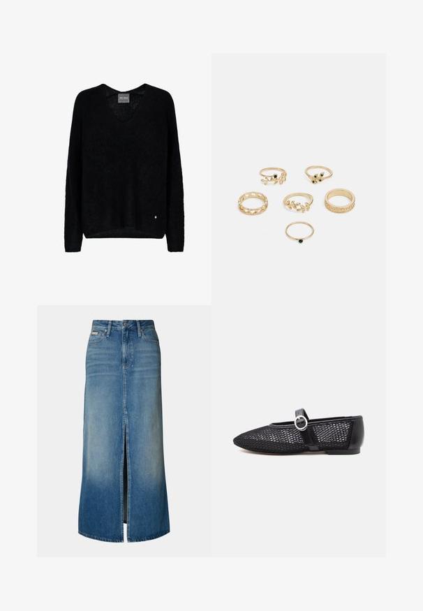 Svart, stickad tröja med V-ringning och långa ärmar. Har en avslappnad passform och en liten metallic logotypaccent på nedersta vänstra sidan.; Jeansmaxikjol i ljusblått med slits framtill, bälteshällor, traditionell femficksdesign och en urtvättad look.; Svart nät Mary Jane platt sko med rund tå, justerbar rem, silverspänne och fast hälkappa på vit bakgrund.; Set med sex guldringar med olika designer: flätade, bladmotiv och sparsamma band; vissa med gröna ädelstensaccent.