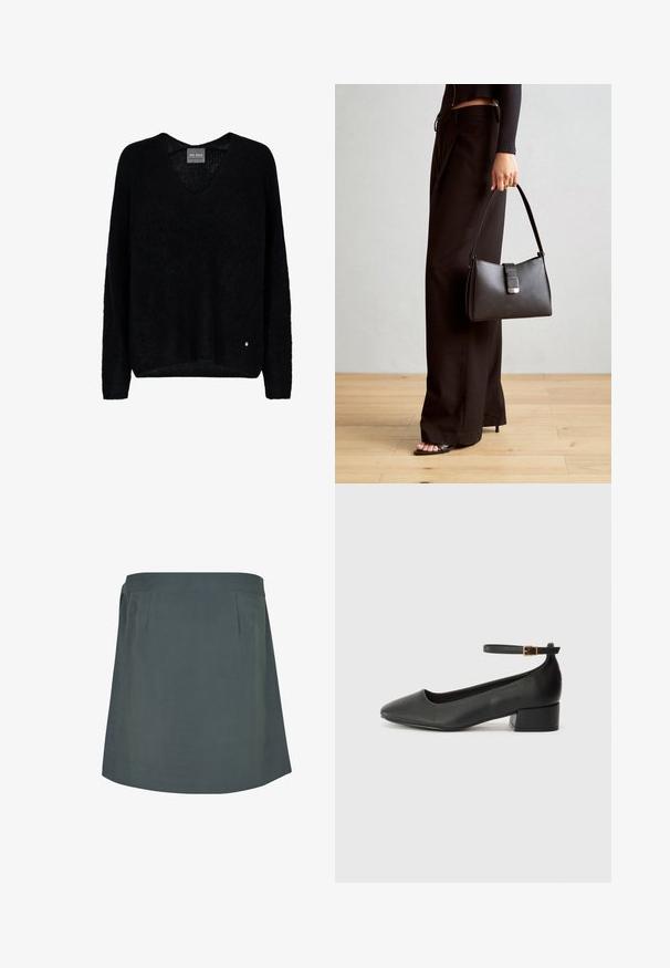 Pull noir en maille avec un col en V et des manches longues. Il présente une coupe décontractée et un petit logo métallique sur le bas à gauche.; Jupe verte foncée, longueur genou avec une texture lisse, dotée d'une ceinture plate et de plis subtils à l'avant. Design simple et fonctionnel.; Escarpin en cuir noir avec un bout pointu et un petit talon bloc. Doté d'une bride de cheville avec une boucle dorée. Texture lisse.; Sac à main noir à la forme structurée, texture lisse et fermoir métallique. Associé à un pantalon noir ample et des sandales ouvertes sur un sol en bois.