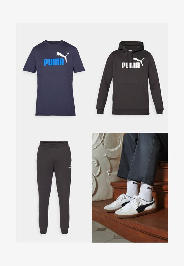 Sort hættet sweatshirt med en frontkangaroo-lomme, der har et fremtrædende hvidt "PUMA" logo og en hvid puma-silhuet. Blød stoftekstur.; Marineblå bomulds T-shirt med korte ærmer, der har et stort hvidt springende puma-logo og fed blå "PUMA" tekst på forsiden.; Mørkegrå sweatpants med elastisk talje, tapered ben og et lille hvidt Puma-logo på venstre lår. Blødt bomuldsblandingsmateriale.; Puma sneakers i hvid og sort ruskind med en brun gummisål. Bæres med hvide sokker med et sort logo og mørke bukser.