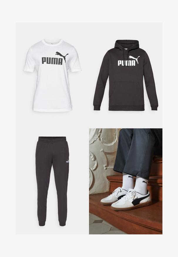 Sudadera con capucha negra, con un bolsillo canguro frontal, que presenta un destacado logo blanco de "PUMA" y una silueta blanca de puma. Textura de tela suave.; Camiseta de algodón blanca con un gran logo negro de "PUMA" y un gráfico de un gato leaping negro en el lado izquierdo. Diseño de mangas cortas y cuello redondo.; Pantalones de chándal gris oscuro con una cintura elástica, piernas ajustadas y un pequeño logo blanco de Puma en el muslo izquierdo. Material suave de mezcla de algodón.; Zapatillas Puma en gamuza blanca y negra, con una suela de goma marrón. Combinadas con calcetines blancos que muestran un logo negro, llevados con pantalones oscuros.