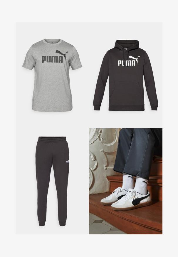 Sort hættet sweatshirt med en frontkangaroo-lomme, der har et fremtrædende hvidt "PUMA" logo og en hvid puma-silhuet. Blød stoftekstur.; Grå bomulds t-shirt med korte ærmer, der har et stort sort "PUMA" logo og et sort puma grafik på forsiden. Rund halsudskæring.; Mørkegrå sweatpants med elastisk talje, tapered ben og et lille hvidt Puma-logo på venstre lår. Blødt bomuldsblandingsmateriale.; Puma sneakers i hvid og sort ruskind med en brun gummisål. Bæres med hvide sokker med et sort logo og mørke bukser.