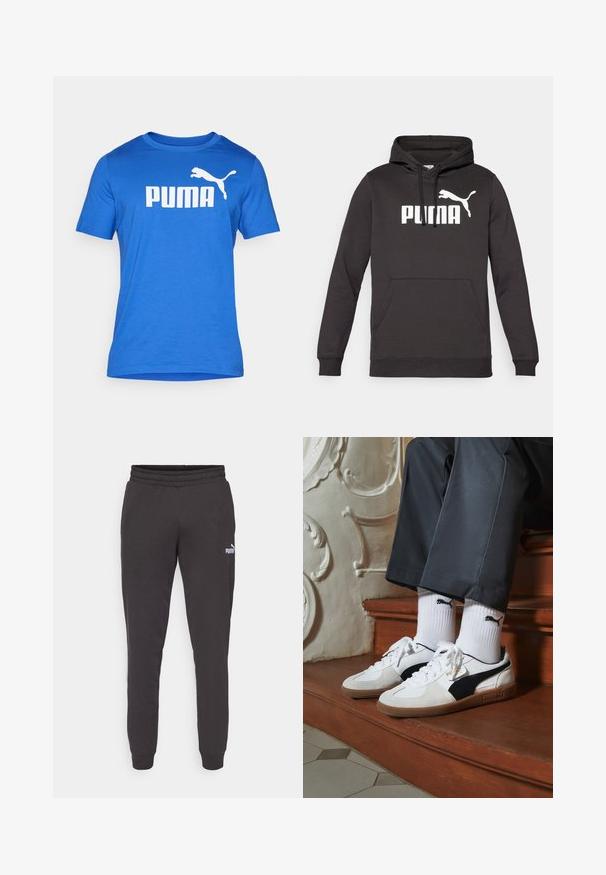 Sudadera con capucha negra, con un bolsillo canguro frontal, que presenta un destacado logo blanco de "PUMA" y una silueta blanca de puma. Textura de tela suave.; Camiseta corta de manga azul hecha de un tejido suave con cuello redondo. Presenta un gran logo blanco de "PUMA" y un gráfico de un puma saltando.; Pantalones de chándal gris oscuro con una cintura elástica, piernas ajustadas y un pequeño logo blanco de Puma en el muslo izquierdo. Material suave de mezcla de algodón.; Zapatillas Puma en gamuza blanca y negra, con una suela de goma marrón. Combinadas con calcetines blancos que muestran un logo negro, llevados con pantalones oscuros.