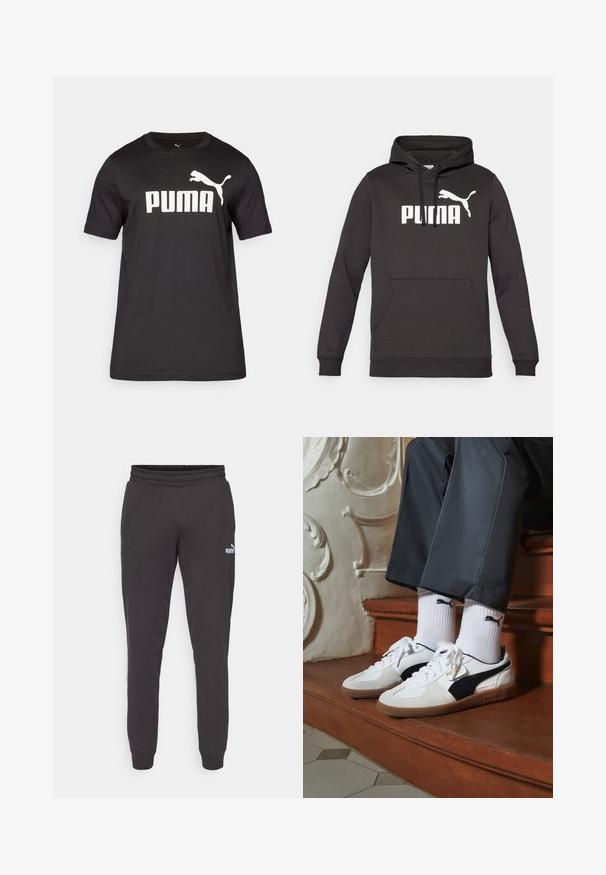 Sudadera con capucha negra, con un bolsillo canguro frontal, que presenta un destacado logo blanco de "PUMA" y una silueta blanca de puma. Textura de tela suave.; Camiseta de algodón negra con un logo blanco de "PUMA" y un gráfico de puma saltando en el pecho. Mangas cortas y escote redondo.; Pantalones de chándal gris oscuro con una cintura elástica, piernas ajustadas y un pequeño logo blanco de Puma en el muslo izquierdo. Material suave de mezcla de algodón.; Zapatillas Puma en gamuza blanca y negra, con una suela de goma marrón. Combinadas con calcetines blancos que muestran un logo negro, llevados con pantalones oscuros.