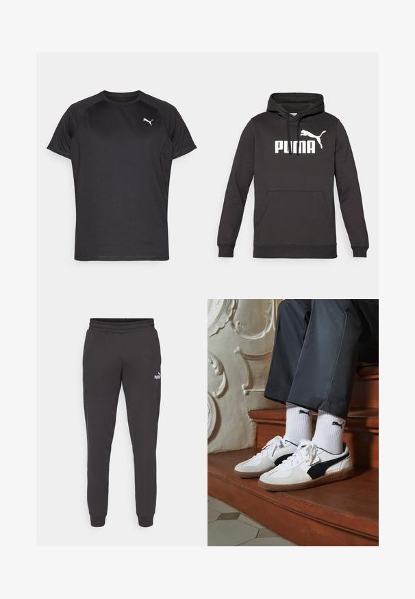Zwarte hoodie met een voorste kangoeroezak, voorzien van een opvallend wit "PUMA" logo en een witte puma-silhouet. Zachte stoftextuur.; Zwart sport T-shirt gemaakt van gladde, ademende stof. Beschikt over korte mouwen en een subtiele witte Puma-logo op de borst.; Donkergrijze sweatpants met een elastische tailleband, taps toelopende pijpen en een klein wit Puma-logo op de linker bovenbeen. Zacht katoenmix materiaal.; Puma sneakers in wit en zwart suède, met een bruine rubberen zool. Gecombineerd met witte sokken met een zwart logo, gedragen met donkere broek.