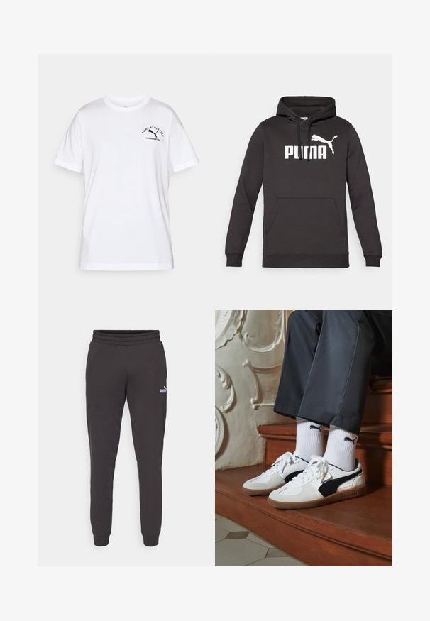 Sudadera con capucha negra, con un bolsillo canguro frontal, que presenta un destacado logo blanco de "PUMA" y una silueta blanca de puma. Textura de tela suave.; Camiseta de algodón blanca con cuello redondo y mangas cortas. Presenta un texto y un gráfico de logo en negro en el lado izquierdo. Diseño básico y sin adornos.; Pantalones de chándal gris oscuro con una cintura elástica, piernas ajustadas y un pequeño logo blanco de Puma en el muslo izquierdo. Material suave de mezcla de algodón.; Zapatillas Puma en gamuza blanca y negra, con una suela de goma marrón. Combinadas con calcetines blancos que muestran un logo negro, llevados con pantalones oscuros.