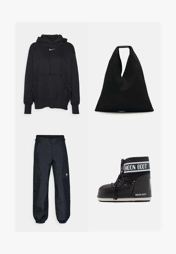 Crna dukserica s kapuljačom napravljena od mekog materijala, s prednjim kengur džepom, rebrastim rukavima i malim bijelim Nike logotipom na grudima.; Crne vodootporne hlače sa glatkom teksturom, elastičnim rukavima, bočnim džepovima na zatvarač i planinskim logotipom na donjem dijelu nogavice.; Crne Moon Boots s podstavljenim gornjim dijelom, učvršćene vezicama i posebnom bijelom trakom s logotipom. Debeli, teksturirani gumeni potplat.; Crna platnena torba sa jedinstvenim V-oblikom i glatkom teksturom. Ima kratku ručku s minimalističkim hardverskim detaljem.