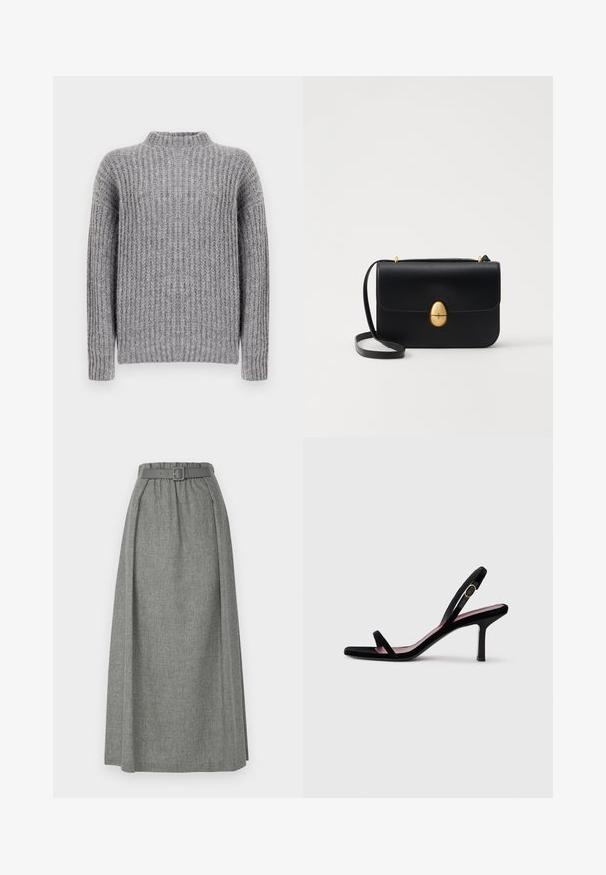 Pulover gri tricotat cu guler înalt, având o textură ribbed verticală și mâneci lungi, cu un finisaj moale și o formă a corpului ușor mai largă.; Emporio Armani GONNA - Fustă maxi - light grey melange; Sandală pentru femei cu toc înalt, din suede negru, cu bretele subțiri și un cataramă aurie, pe un fundal alb, văzută din lateral.; Geantă de mână din piele neagră, cu o formă rectangulară structurată. Are un capac oval auriu și o curea subțire pentru umăr. Textură netedă.