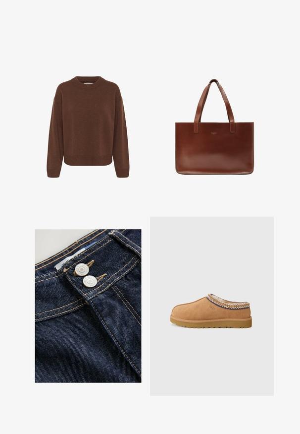 Pruun kudumismüts, millel on ümmargune kaelus, langevad õlad, soonikvarrukad ja sirge äär. Pehme tekstuur keskmise paksusega.; Tumedad sinine denim-püksid näitavad lähedalt vöökoha osa, kus on kaks metallnuppu, kontrastne kuldne õmblus ja tekstureeritud kangapind.; Tan nubukist libised jalatsid, millel on tekstureeritud villane vooder ja dekoratiivne etnilise stiiliga tikand krae ümber. Omab kummist tallat.; Pruun nahast ostukott kahe lame käepidemega, ristkülikukujuline, sile tekstuur ja reljeefne logo esiküljel.