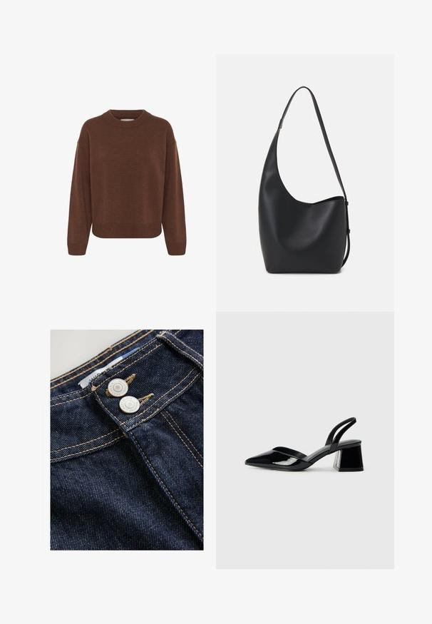 Brown knit sweater, featuring a round neckline, dropped shoulders, ribbed cuffs, and a straight hem. Soft texture with a medium thickness.; Dark blue denim jeans feature a close-up view of the waistband with two metal buttons, contrasting golden stitching, and a textured fabric surface.; Black patent leather slingback heels with a pointed toe and a geometric block heel. Features a sleek, minimal design and smooth texture.; Black leather hobo bag with a smooth texture, curved shape, and single adjustable strap; features a wide opening at the top.