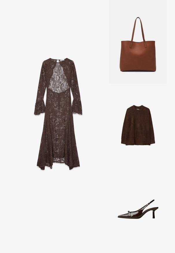 Rjav, prevelik pulover s okroglim ovratnikom, izdelan iz mehkega, teksturiranega blaga. Ima dolge rokave in sproščen kroj.; Dolga rjava čipkasta obleka z zvonasto obleko, okroglenim izrezom in prozornim cvetličnim vzorcem po celotni tkanini.; Rjave lakirane slingback čevlje z oglatim nosom, nizko peto in dekorativno pentljo na sprednji strani. Gladka, sijoča tekstura.; Rjava usnjena torba z gladko teksturo, odprto zasnovo zgoraj in dvema naramnima trakovoma. Opremljena je z minimalnim šivanjem in brez vidnih kovinskih delov.