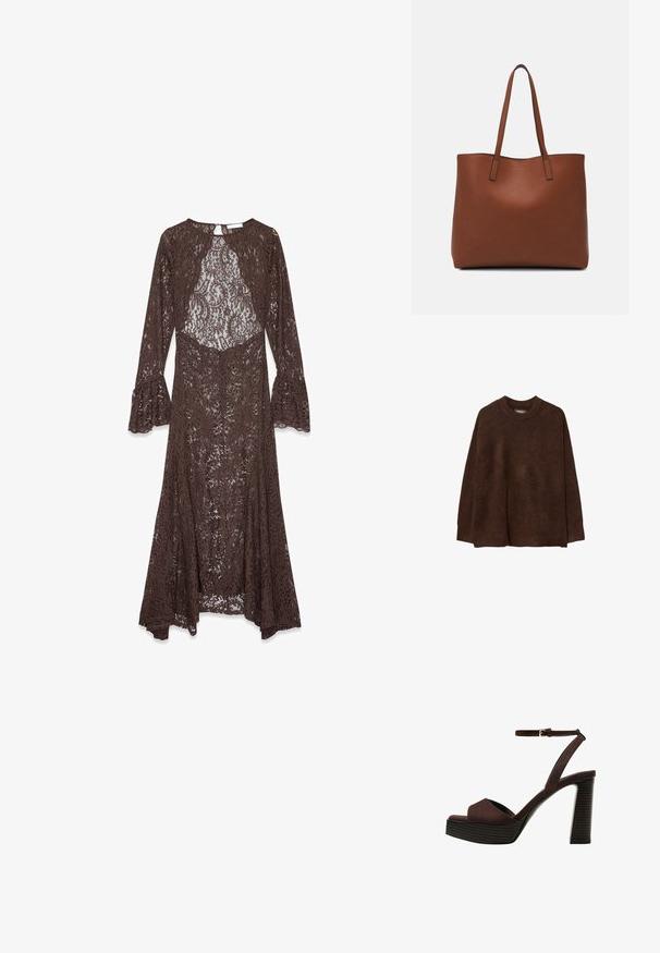 Rjav, prevelik pulover s okroglim ovratnikom, izdelan iz mehkega, teksturiranega blaga. Ima dolge rokave in sproščen kroj.; Dolga rjava čipkasta obleka z zvonasto obleko, okroglenim izrezom in prozornim cvetličnim vzorcem po celotni tkanini.; Rjave semiš sandale z visoko peto, odprto spredaj, z nastavljivim gležnjenjem in črtastim podplatom.; Rjava usnjena torba z gladko teksturo, odprto zasnovo zgoraj in dvema naramnima trakovoma. Opremljena je z minimalnim šivanjem in brez vidnih kovinskih delov.