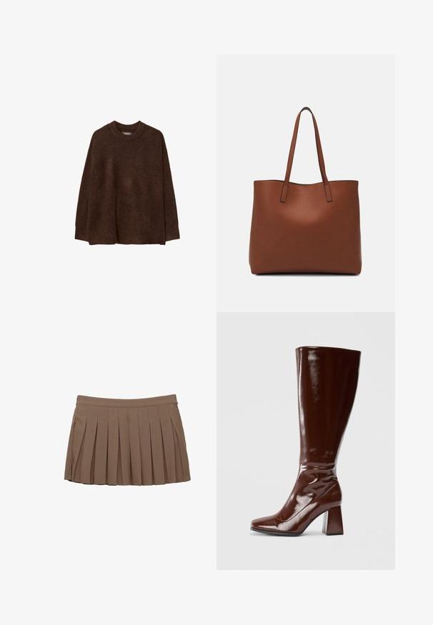 Brązowy, oversize sweter z okrągłym dekoltem, wykonany z miękkiego, strukturalnego materiału. Posiada długie rękawy oraz luźny krój.; Brąskowa, plisowana mini spódnica z paskiem w talii i subtelnym logo po bokach na białym tle.; Brązowe, lakierowane botki do kolan z kwadratowym noskiem, błyszczącym wykończeniem i masywnym obcasem dla lepszej stabilności. Bezszwowy design bez widocznych detali.; Brązowa skórzana torba tote o gładkiej fakturze, z otwartym wierzchem i dwoma ramiączkami. Charakteryzuje się minimalnym przeszyciem i brakiem widocznych elementów metalowych.