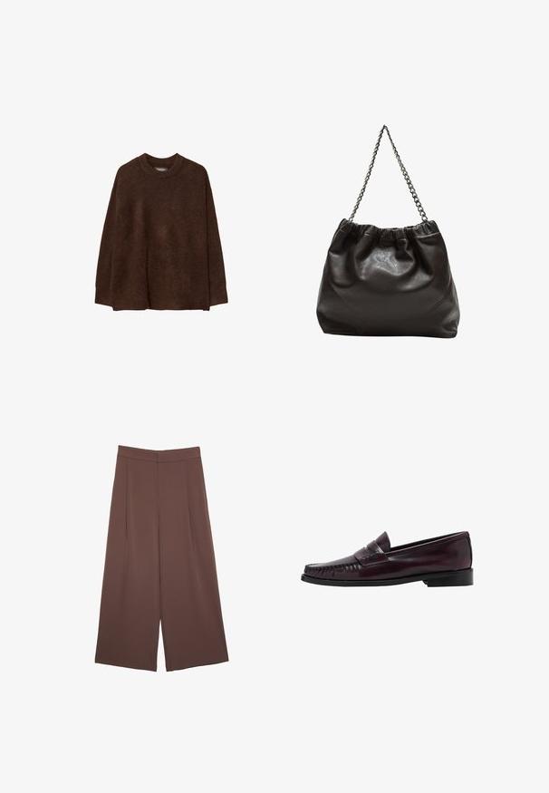 Hnědý, velký svetr s kulatým výstřihem, vyrobený z měkké, strukturované látky. Obsahuje dlouhé rukávy a volný střih.; Hnědé široké kalhoty s hladkou texturou, vysokým pasem a předními záhyby. Materiál je lehký a volně splývá.; Pánské tmavě hnědé kožené mokasíny s černou podrážkou a prošíváním podél špičky, zobrazené v bočním profilu.; Hnědá kožená taška se sbíraným vrškem a řetízkovým popruhem. Hladký povrch s lesklým finišem a jemným švem na bocích.