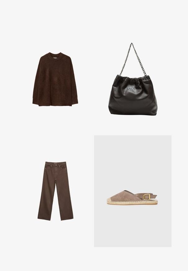 Brun, overdimensioneret sweater med rund hals, lavet af blødt, tekstureret stof. Har lange ærmer og en afslappet pasform.; Bredde ben brun denim jeans med høj talje, forlommer og klassisk knaplukning. Glat tekstur med diskret syninger.; Sæde espadrille sandal i taupe, med åben bagdesign, jute sål, flad hæl, med justerbar spændeaccent, der har en kontrasterende beige tåkap.; Brun lædertaske med en rynket top og en kædestrop. Glat tekstur med en blank finish og subtile sømdetaljer på siderne.