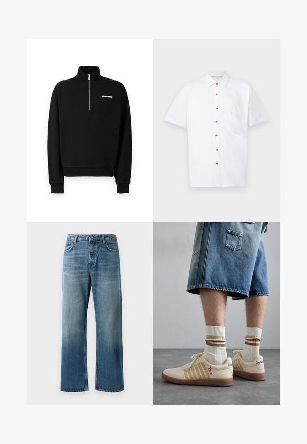 Sweatshirt zippé noir en tissu mélangé coton, avec un col haut, des manches longues et un détail logo à l'avant.; Chemise blanche à manches courtes en lin, dotée d'une fermeture à boutons sur le devant, d'une poche poitrine et de boutons en bois pour les accents.; Jeans oversize bleu clair avec un délavage, featuring une fermeture à un bouton, cinq poches et des coutures contrastées.; Baskets rétro beiges avec une semelle en caoutchouc brun, ornées d'accents rayés et de logos brodés. Portées avec des chaussettes blanches, détails rayés bruns.