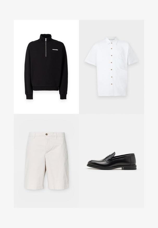 Black zip-up sweatshirt made of cotton blend fabric, featuring a high collar, long sleeves, and a front logo detail.; White short-sleeve shirt made of linen, featuring a button-front closure, a chest pocket, and wooden buttons for accents.; J.LINDEBERG SHANE CLOUD - Shorts - moonbeam; Black leather loafers with a smooth texture, rounded toe, and a decorative strap across the vamp. Low stacked heel, minimalist design.