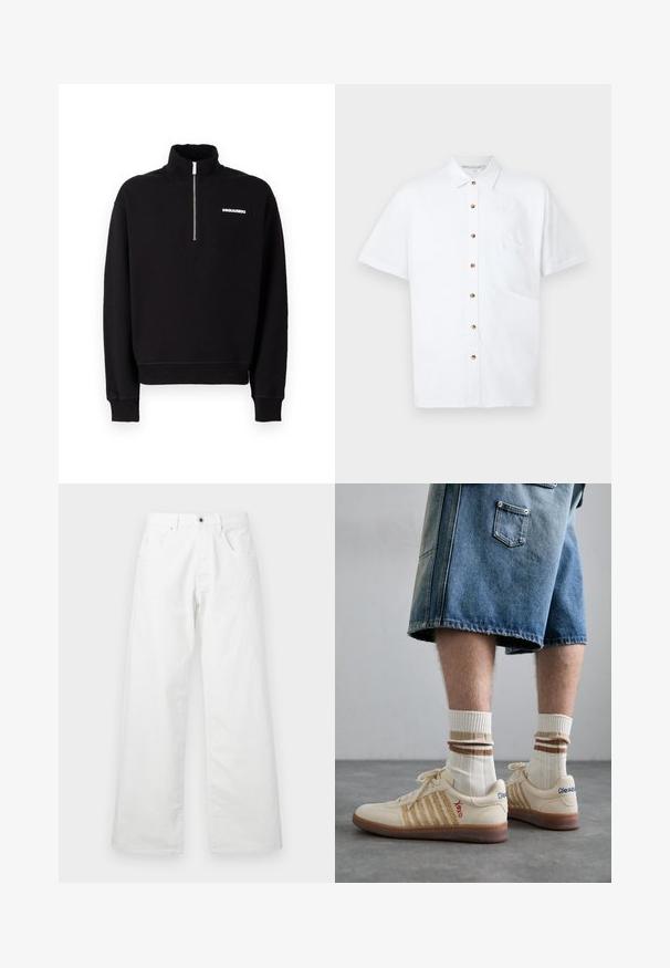 Čierna zipsová mikina vyrobená z bavlnenej zmesi s vysokým golierom, dlhými rukávmi a predným logom.; Biely krátky rukáv košeľa zo ľanu, s predným gombíkovým zapínaním, vreckom na hrudi a drevenými gombíkmi ako akcentami.; Biele denimové nohavice so strihom rovného nohu, s dvoma prednými vreckami a gombíkovým zapínaním. Hladká textúra s jemne vyblednutým povrchom.; Béžové retro tenisky s hnedou gumovou podrážkou, so pruhovanými akcentmi a vyšitými logami. Nosené s bielymi ponožkami a pruhovaným hnedým detailom.