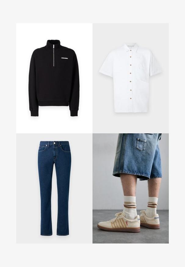 Juodas zip-up džemperis, pagamintas iš medvilnės ir sintetinio audinio mišinio, su aukštu apykakle, ilgomis rankovėmis ir priekyje esamu logotipo akcentu.; Balta lininė marškiniai trumpomis rankovėmis, turintys mygtukų užtraukimą, krūtinės kišenę ir medinius akcentinius mygtukus.; Tamsiai mėlyni džinsai su siauru tiesiu piešiniu, klasikiniu penkių kišenių dizainu ir užtrauktuku juosmens zonoje.; Bežiniai retro sportbačiai su rudu guminio pado, turi dryžuotų akcentų ir siuvinėtų logotipų. Dėvimi su baltais kojiniais, su dryžuotu ruduo akcentu.