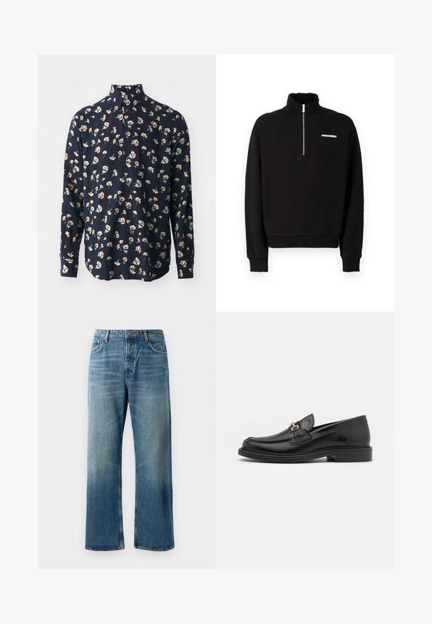 Čierna zipsová mikina vyrobená z bavlnenej zmesi s vysokým golierom, dlhými rukávmi a predným logom.; Paul Smith REGULAR FIT SHIRT - Košeľa - black; Svetlomodré široké džínsy s vyblednutým praním, s jedným gombíkom na zapínanie, piatimi vreckami a kontrastným prešívaním.; Čierne kožené loafers so zaoblenou špičkou, s pozlátenými kovovými prvkami a detailným šitím, uložené na nízkej, textúrovanej gumenej podrážke.