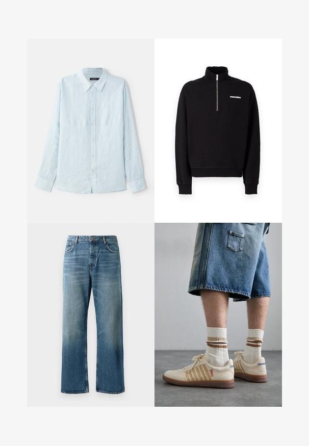 Hanorac negru cu fermoar, dintr-un material din amestec de bumbac, având guler înalt, mâneci lungi și un detaliu cu logo în față.; Cămașă albastră deschis cu mâneci lungi din in, având o închidere cu nasturi în față, guler ascuțit și mâneci standard. Textură moale, design minimalist.; Jeans largi de culoare albastru deschis, cu o spălare estompată, având închidere cu un singur buton, cinci buzunare și cusături contrastante.; Sneakers retro bej cu talpă din cauciuc brun, având accente în dungi și logo-uri brodate. Purtați cu șosete albe, detaliu în dungi maronii.