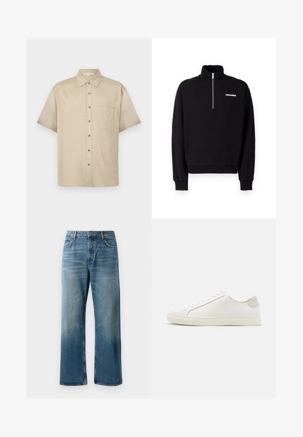 Schwarze Zip-up Sweatjacke aus einem Baumwollmischgewebe, mit hohem Kragen, langen Ärmeln und einem Logodetail auf der Vorderseite.; Kurzärmliges, hellbeiges Hemd aus weichem Stoff, mit Kragen, vorderem Knopfverschluss und einer einzelnen Brusttasche.; Helle blaue, weit geschnittene Jeans mit einer verblassten Waschung, ausgestattet mit einem Ein-Knopf-Verschluss, fünf Taschen und kontrastierenden Nähten.; Weiße Leder Sneakers mit glatter Oberfläche, runder Zehenform und minimalistischem Design. Mit beigen Akzenten an der Ferse und einer Gummisohle.
