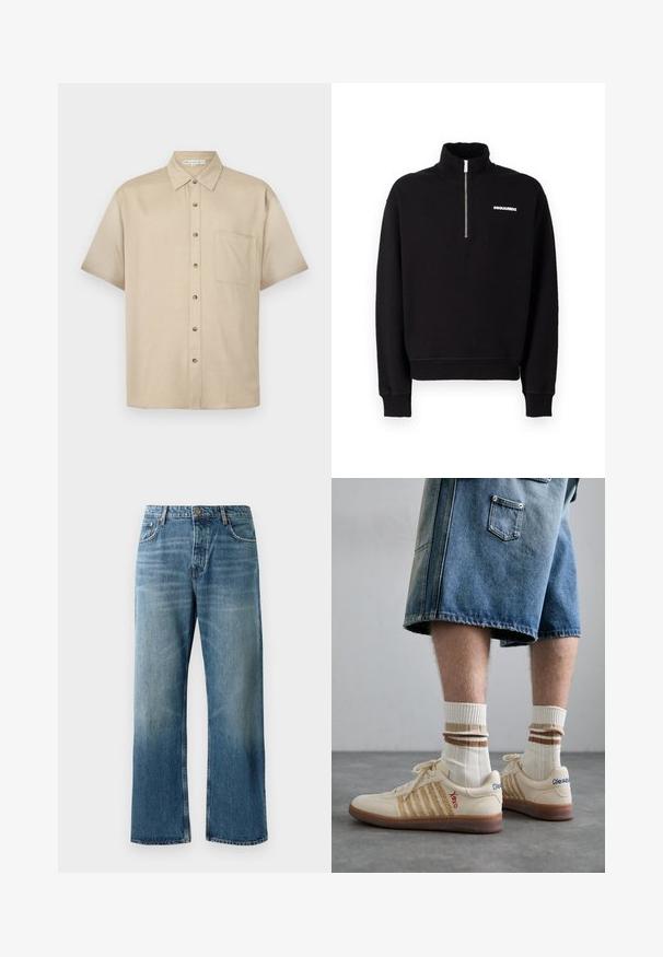 Felpa nera con zip realizzata in un tessuto misto cotone, con colletto alto, maniche lunghe e un dettaglio del logo frontale.; Camicia a maniche corte di colore beige chiaro, realizzata in tessuto morbido, con colletto, chiusura frontale con bottoni e una tasca sul petto.; Jeans a palazzo azzurri chiari con lavaggio sbiadito, dotati di chiusura con un bottone, cinque tasche e cuciture in contrasto.; Sneaker retro beige con suola in gomma marrone, dotate di dettagli a righe e loghi ricamati. Indossate con calze bianche e dettagli marroni a righe.