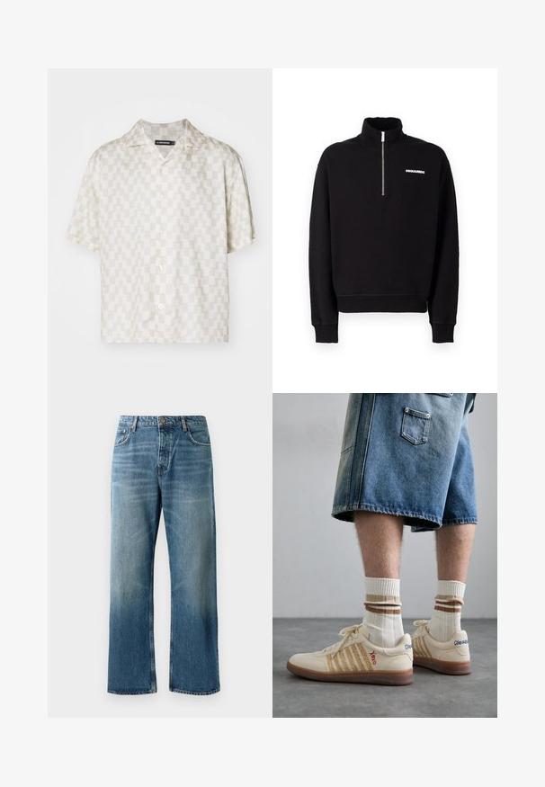 Sudadera negra con cremallera, fabricada en una mezcla de algodón, con un cuello alto, mangas largas y un detalle de logo en la parte frontal.; Camisa de manga corta con un patrón geométrico en crema y beige, de tela ligera, con cuello tipo notch y cinco botones en la parte delantera.; Jeans de pierna ancha en azul claro con un acabado desgastado, que cuentan con cierre de un solo botón, cinco bolsillos y costuras contrastantes.; Zapatillas retro beige con suela de goma marrón, que presentan acentos a rayas y logotipos bordados. Llevadas con calcetines blancos, con detalle a rayas marrones.