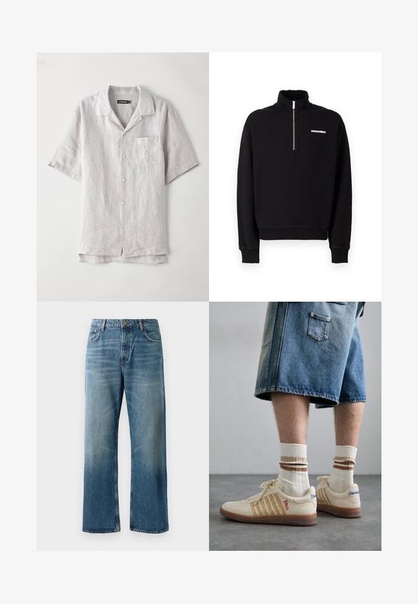 Sudadera negra con cremallera, fabricada en una mezcla de algodón, con un cuello alto, mangas largas y un detalle de logo en la parte frontal.; Camisa de lino de manga corta en gris claro que presenta un cuello puntiagudo, un bolsillo frontal y cuatro botones en el centro. Textura suave, corte relajado.; Jeans de pierna ancha en azul claro con un acabado desgastado, que cuentan con cierre de un solo botón, cinco bolsillos y costuras contrastantes.; Zapatillas retro beige con suela de goma marrón, que presentan acentos a rayas y logotipos bordados. Llevadas con calcetines blancos, con detalle a rayas marrones.