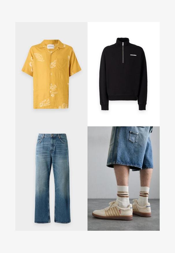 Fekete zipzáras kapucnis pulóver pamut keverék anyagból, magas nyakkal, hosszú ujjakkal és elülső logó részlettel.; Rövid ujjú ing mustár sárga anyagból, fehér ételmotívumokkal és egy mellzsebbel. Gombos kivitel, laza szabással.; Fehér pamut ujjatlan trikó kerek nyakkivágással, sima textúrával és testhezálló fazonnal, amelyet hétköznapi viseletre terveztek.; Világoskék, széles szárú farmer, elhasználódott mosással, egy gombos záródással, öt zsebbel és kontrasztos varrással.; Bezs árnyalatú retro sportcipők barna gumitalppal, csíkos díszítéssel és hímzett logókkal. Fehér zoknikkal viselve, csíkos barna részletekkel.