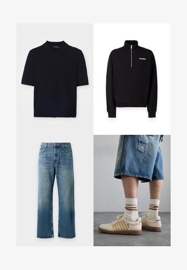 Sudadera negra con cremallera, fabricada en una mezcla de algodón, con un cuello alto, mangas largas y un detalle de logo en la parte frontal.; Camisa negra de manga corta con botones en tejido texturizado, que presenta un cuello tipo campamento y seis botones a juego en la parte delantera.; Jeans de pierna ancha en azul claro con un acabado desgastado, que cuentan con cierre de un solo botón, cinco bolsillos y costuras contrastantes.; Zapatillas retro beige con suela de goma marrón, que presentan acentos a rayas y logotipos bordados. Llevadas con calcetines blancos, con detalle a rayas marrones.