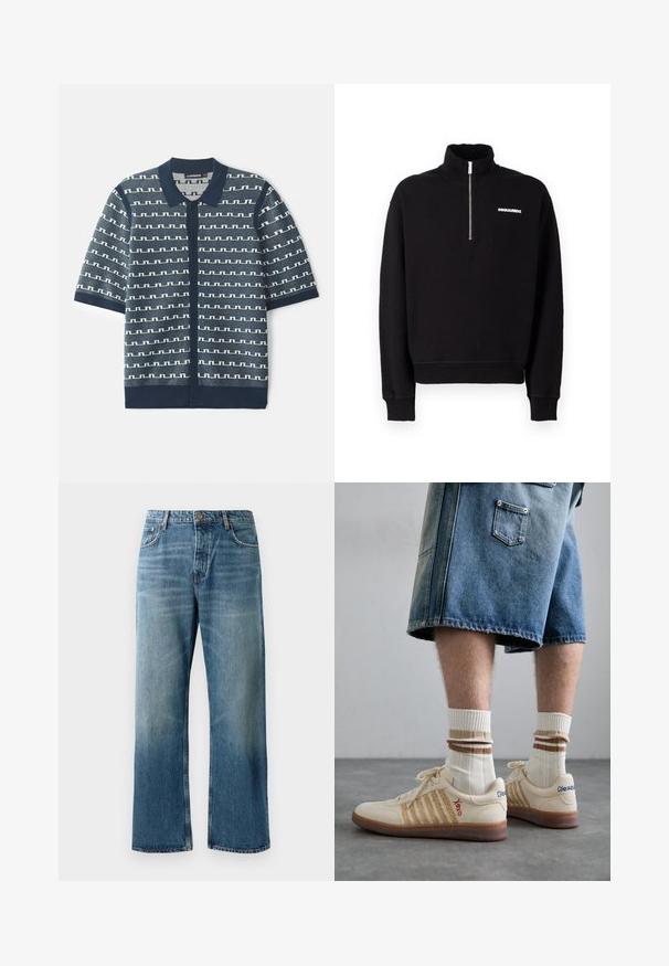 Zwarte zip-up sweatshirt van een katoenmix, met een hoge kraag, lange mouwen en een logo detail aan de voorkant.; Navy korteblauwe gebreide cardigan met korte mouwen, gekenmerkt door een geometrisch wit patroon, knoopsluiting en een klassieke kraag. Gestructureerde stof met contrasterende accenten.; Lichtblauwe wijde jeans met een vervaagde wassing, voorzien van een enkele knoopsluiting, vijf zakken en contrasterende stiksels.; Beige retro sneakers met een bruine rubberen zool, met gestreepte accenten en geborduurde logo's. Draag ze met witte sokken met gestreepte bruine details.