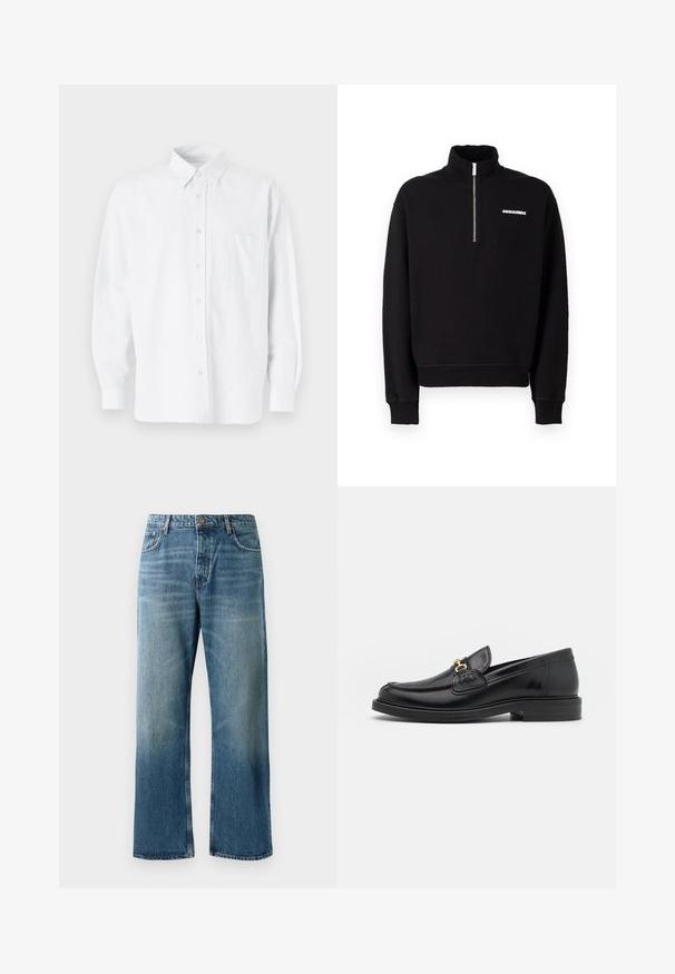 Černá mikina na zip vyrobená z bavlněného směsového materiálu, s vysokým límcem, dlouhými rukávy a předním detailem s logem.; Bílá košile s límečkem, s jemnými vertikálními pruhy, dlouhými rukávy, náprsní kapsou a klasickým zaobleným lemem.; Svetle modré kalhoty s širokými nohavicemi a vybledlým vzhledem, vybavené zapínáním na jeden knoflík, pěti kapsami a kontrastním prošíváním.; Černé kožené mokasíny s zaoblenou špičkou, vyznačující se zlatými kovovými detaily a prošíváním, umístěné na nízké, texturované gumové podrážce.
