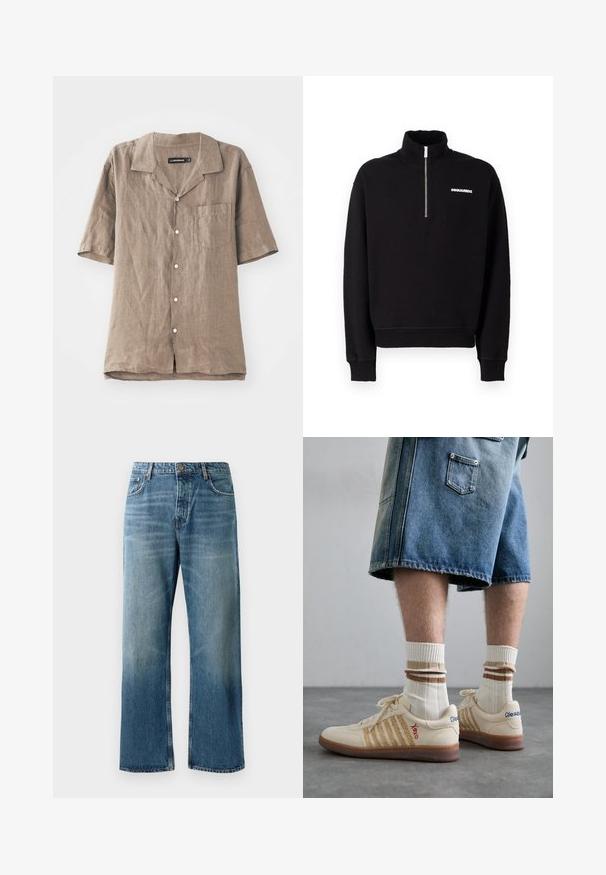 Black zip-up sweatshirt made of cotton blend fabric, featuring a high collar, long sleeves, and a front logo detail.; Short-sleeve linen shirt in light brown with a collar, front pocket, and button front closure. Soft texture with a natural weave pattern.; Light blue wide-leg jeans with a faded wash, featuring single-button closure, five pockets, and contrasting stitching.; Beige retro sneakers with brown rubber sole, featuring striped accents and embroidered logos. Worn with white socks, striped brown detail.