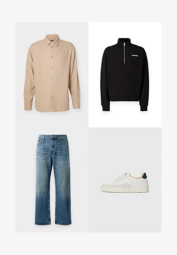 Mustat vetoketjulliset hupparit, jotka on valmistettu puuvillasekoitteesta. Niissä on korkea kaulus, pitkät hihat ja etupuolella logo.; Beige pitkähihaine paita, jossa on nappikaulus. Valmistettu pehmeästä kankaasta, sisältää etunappilistan ja yksinkertaisia ompelutietoja.; Vaaleansiniset leveät farkut haalistuneella pesulla, joissa on nappisulku, viisi taskua ja erottuva tikkaus.; Valkoiset tennarit, joissa on nahkaosia, pyöreä kärki, tasaiset nauhat ja kermaisa kumi-pohja. Takana vihreä brändäys.