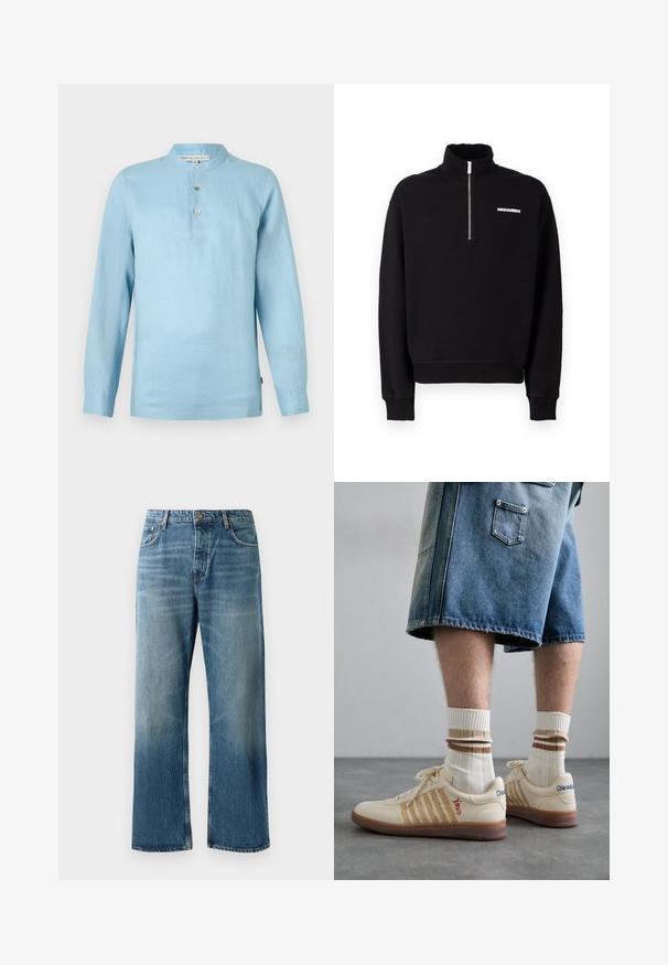 Fekete zipzáras kapucnis pulóver pamut keverék anyagból, magas nyakkal, hosszú ujjakkal és elülső logó részlettel.; Világoskék, hosszú ujjú vászon ing. Álló gallér, három gombbal. Sima textúra és laza szabás. Belső részén márkacímke található.; Világoskék, széles szárú farmer, elhasználódott mosással, egy gombos záródással, öt zsebbel és kontrasztos varrással.; Bezs árnyalatú retro sportcipők barna gumitalppal, csíkos díszítéssel és hímzett logókkal. Fehér zoknikkal viselve, csíkos barna részletekkel.