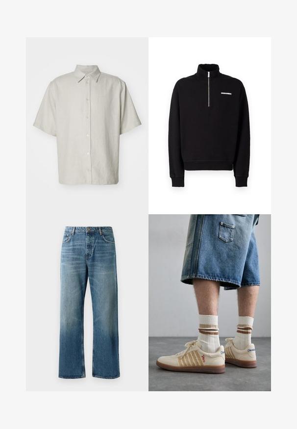 Mustaga tõmblukuga kapuutsiga jaki, mis on valmistatud puuvilla segamakst kangast, omab kõrget kraed, pikkasid varrukaid ja esitlogoga detaili.; Lühikeste varrukate ja kraega heledast beežist valmistatud särk, millel on peene ribide tekstuur, esiosas viis nööd ja mugav lõige.; Heledad sinised laiad teksad, millel on pleekinud pesu, koos ühe nupuga kinnitusega, viie taskuga ja kontrastõmblustega.; Beežid retro tennised pruuni kummitaldaga, millel on triibulised aktsendid ja tikitud logod. Kanda valgete sokkidega, triibuline pruuni detailiga.