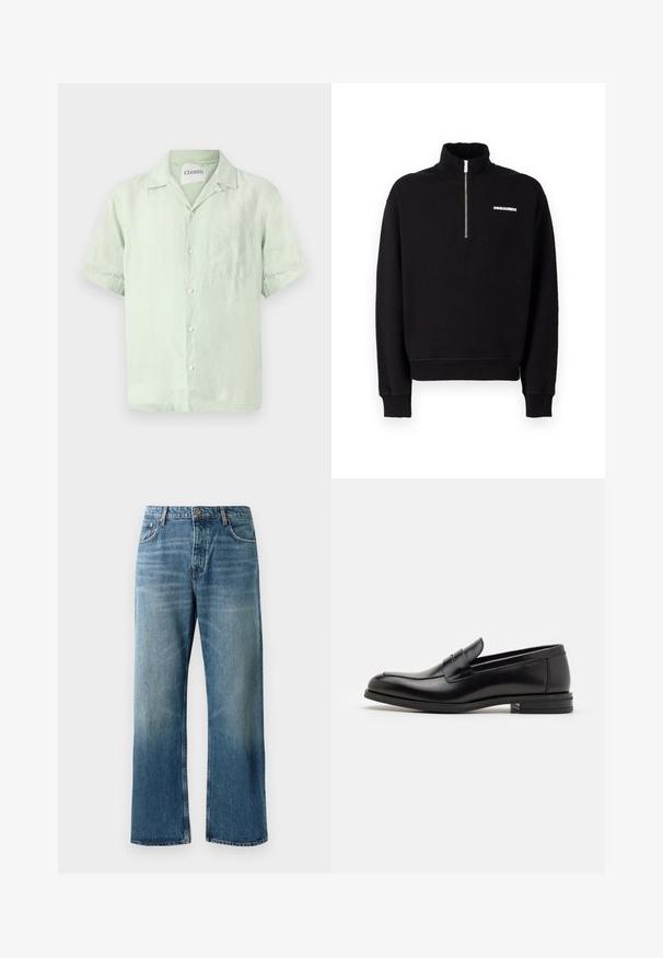 Fekete zipzáras kapucnis pulóver pamut keverék anyagból, magas nyakkal, hosszú ujjakkal és elülső logó részlettel.; Rövid ujjú, világos zöld vászon ing, gombos elülső résszel, gallérral és egyetlen mellzsebbel. Finom textúra és laza szabás jellemzi.; Világoskék, széles szárú farmer, elhasználódott mosással, egy gombos záródással, öt zsebbel és kontrasztos varrással.; Fekete bőr loaferek sima textúrával, kerek orral és dekoratív pánttal a vampnál. Alacsony, rétegelt sarkú, minimalista dizájn.