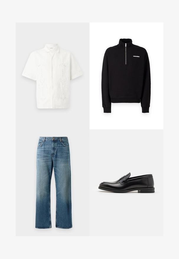 Black zip-up sweatshirt made of cotton blend fabric, featuring a high collar, long sleeves, and a front logo detail.; White short-sleeve shirt made of lightweight fabric, featuring intricate floral embroidery in several patterns, with a classic collar and button closure.; Light blue wide-leg jeans with a faded wash, featuring single-button closure, five pockets, and contrasting stitching.; Black leather loafers with a smooth texture, rounded toe, and a decorative strap across the vamp. Low stacked heel, minimalist design.