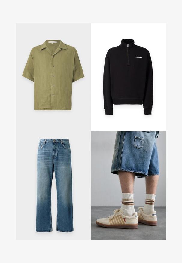 Fekete zipzáras kapucnis pulóver pamut keverék anyagból, magas nyakkal, hosszú ujjakkal és elülső logó részlettel.; Olíva zöld, rövid ujjú ing texturált anyagból, gombos zárással és bemetszett gallérral. Lazább fazonú, finom szövésmintával rendelkezik.; Világoskék, széles szárú farmer, elhasználódott mosással, egy gombos záródással, öt zsebbel és kontrasztos varrással.; Bezs árnyalatú retro sportcipők barna gumitalppal, csíkos díszítéssel és hímzett logókkal. Fehér zoknikkal viselve, csíkos barna részletekkel.