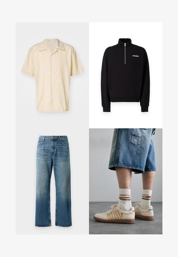 Melnas apģērbu mētelis ar rāvējslēdzēju, izgatavots no kokvilnas maisījuma auduma, ar augstu apkakli, garām piedurknēm un logo detaļu priekšpusē.; Gaišdzeltena īsām piedurknēm krekls ar baltām vertikālām svītrām, ar apkakles kakla izgriezumu un piecu pogu priekšpusi. Mīksta auduma tekstūra.; Gaisni zilas plata kāju džinsi ar izbalējušu mazgāšanu, ar vienu pogu, piecām kabatām un kontrastējošiem šuvēm.; Beige retro kedas ar brūnu gumijas zoli, ar svītrām un izšūtām emblēmām. Valkātas ar baltām zeķēm, ar brūnu svītru detaļu.