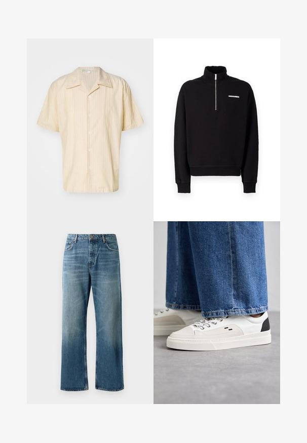 Mustaga tõmblukuga kapuutsiga jaki, mis on valmistatud puuvilla segamakst kangast, omab kõrget kraed, pikkasid varrukaid ja esitlogoga detaili.; Lühikeste varrukatega heledat kollast särki, millel on valged vertikaalsed triibud, kaelusega dekoltee ja viie nupu eesmine kinnitis. Pehme kangastekstuuri.; Heledad sinised laiad teksad, millel on pleekinud pesu, koos ühe nupuga kinnitusega, viie taskuga ja kontrastõmblustega.; Valged ja mustad spordijalatsid sileda nahkpealise, tekstuursete aktsentidega ja paksu valge tallaga. Omab klassikalist nööbistamise disaini.