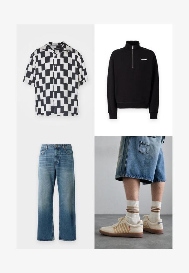 Sudadera negra con cremallera, fabricada en una mezcla de algodón, con un cuello alto, mangas largas y un detalle de logo en la parte frontal.; Camisa de manga corta con un patrón geométrico en blanco y negro, hecha de una tela suave, con cuello tipo campamento y cierre frontal de botones.; Jeans de pierna ancha en azul claro con un acabado desgastado, que cuentan con cierre de un solo botón, cinco bolsillos y costuras contrastantes.; Zapatillas retro beige con suela de goma marrón, que presentan acentos a rayas y logotipos bordados. Llevadas con calcetines blancos, con detalle a rayas marrones.