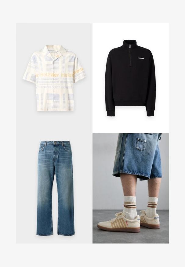 Felpa nera con zip realizzata in un tessuto misto cotone, con colletto alto, maniche lunghe e un dettaglio del logo frontale.; Camicia a maniche corte con bottoni di colore beige chiaro, ornata da una stampa grafica blu e gialla, caratterizzata da motivi testuali e un design dalla vestibilità rilassata.; Jeans a palazzo azzurri chiari con lavaggio sbiadito, dotati di chiusura con un bottone, cinque tasche e cuciture in contrasto.; Sneaker retro beige con suola in gomma marrone, dotate di dettagli a righe e loghi ricamati. Indossate con calze bianche e dettagli marroni a righe.